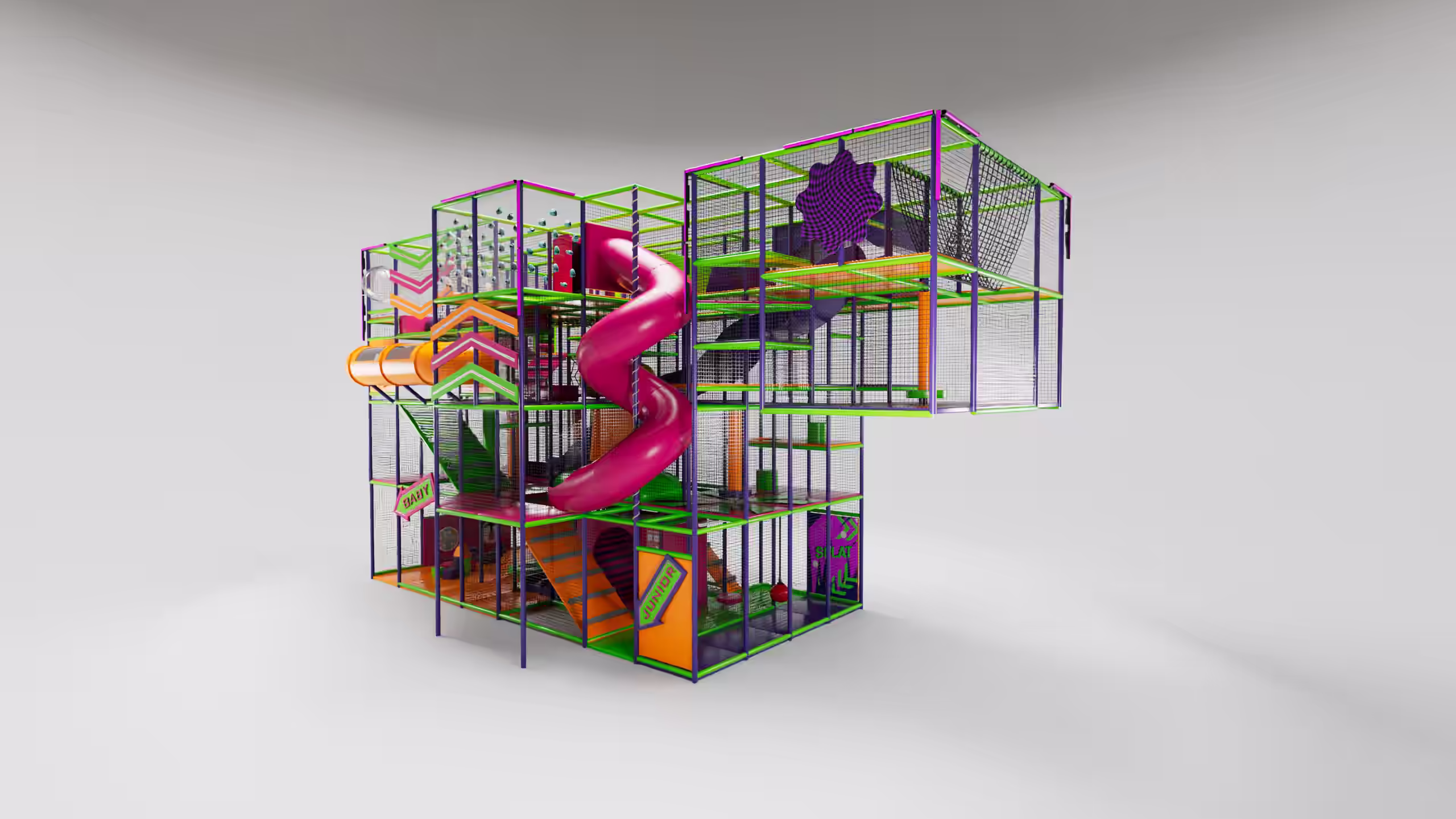 3D Render of Clip 'n' Climb Colindale's indoor softplay area, featuring a multi-colour neon colour scheme.